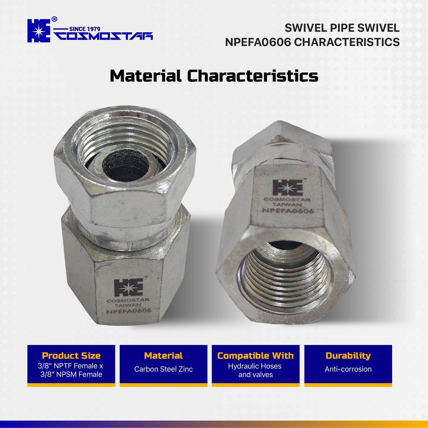 Cosmostar 3/8" NPTF Female x 3/8" NPSM Female Swivel Hydraulic Adapter