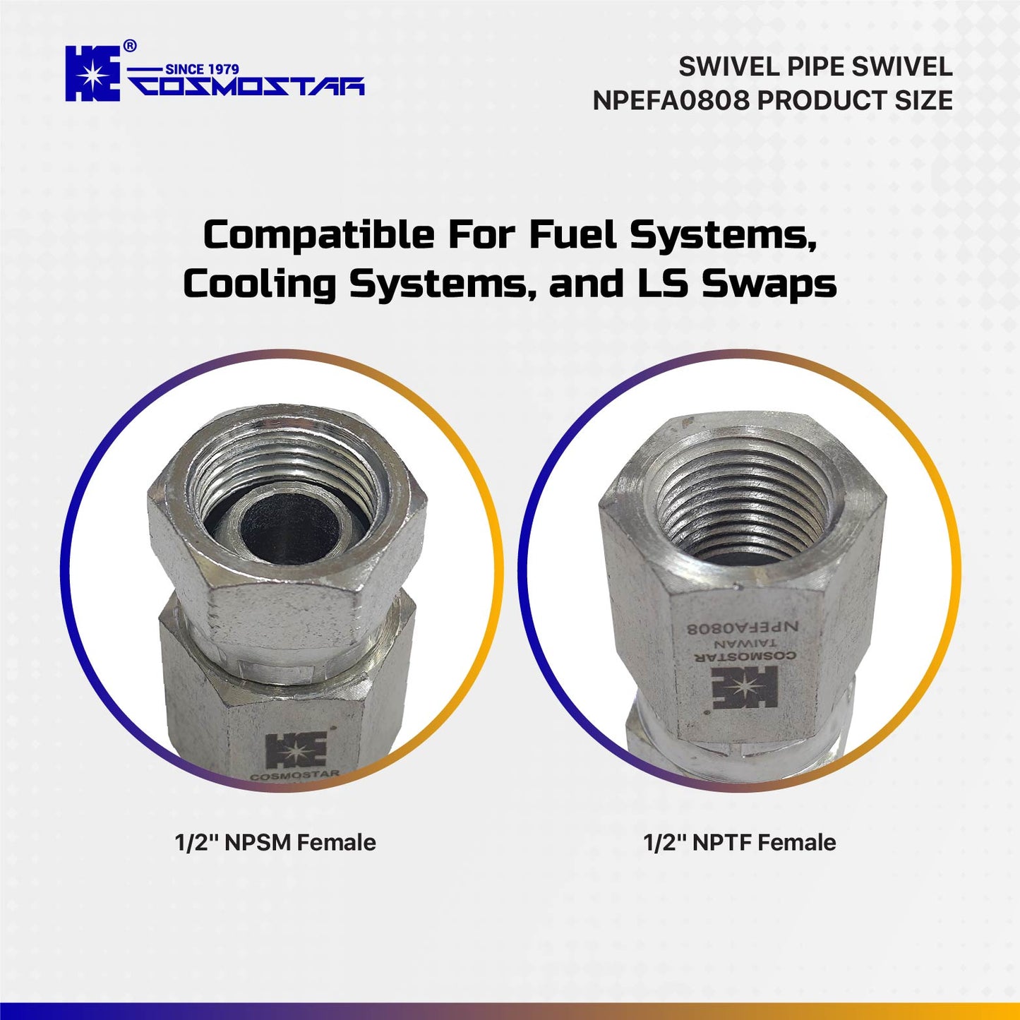 Cosmostar 1/2" NPTF Female x 1/2" NPSM Female Swivel Hydraulic Adapter