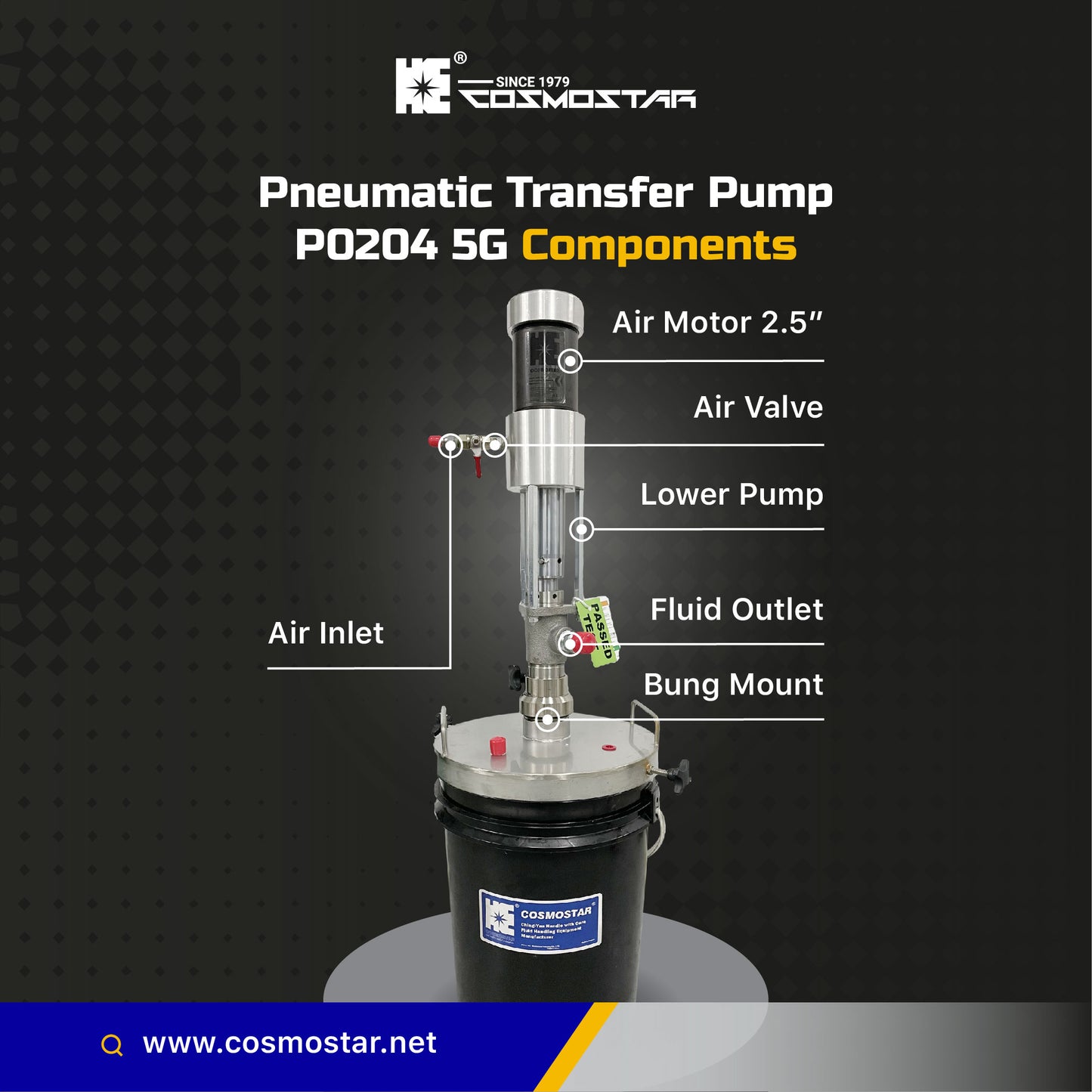 COSMOSTAR P0204 2.5" HI FLUX 2:1 Pneumatic Piston Transfer Pump 5 Gallon with Round Pail Cover