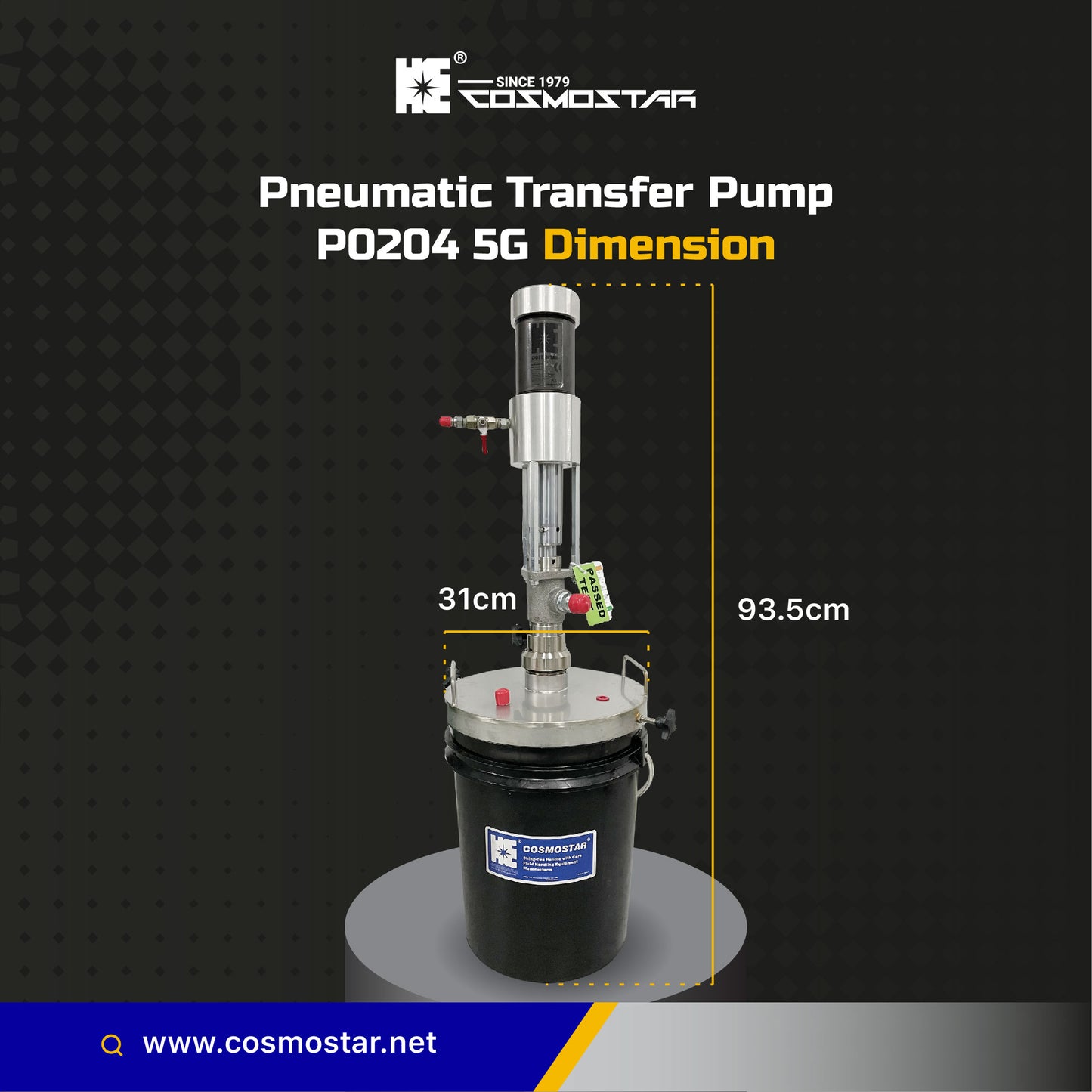 COSMOSTAR P0204 2.5" HI FLUX 2:1 Pneumatic Piston Transfer Pump 5 Gallon with Round Pail Cover