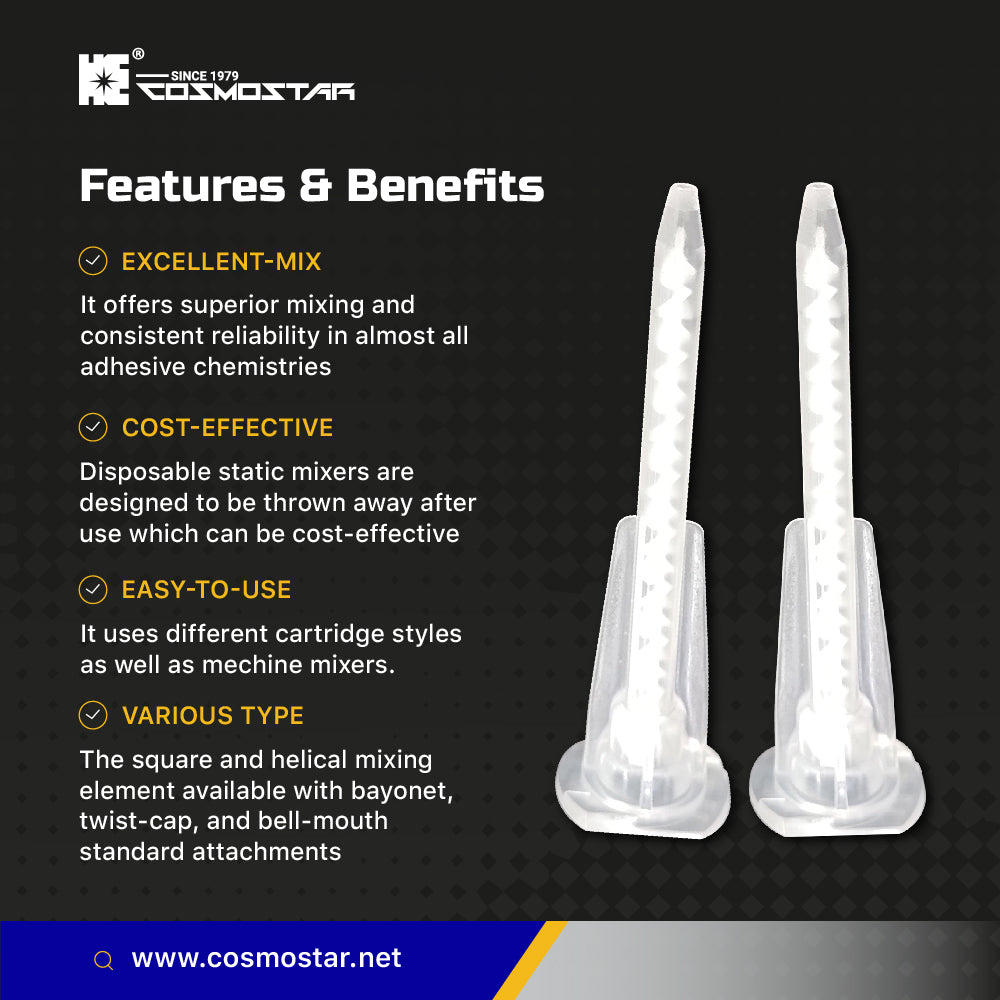 CosmoMix RCS03-17S, 500 Pieces, Helical Static Mixer Nozzle Tube Tip, Bayonet Connection, 2.44 Inches, 17 Elements