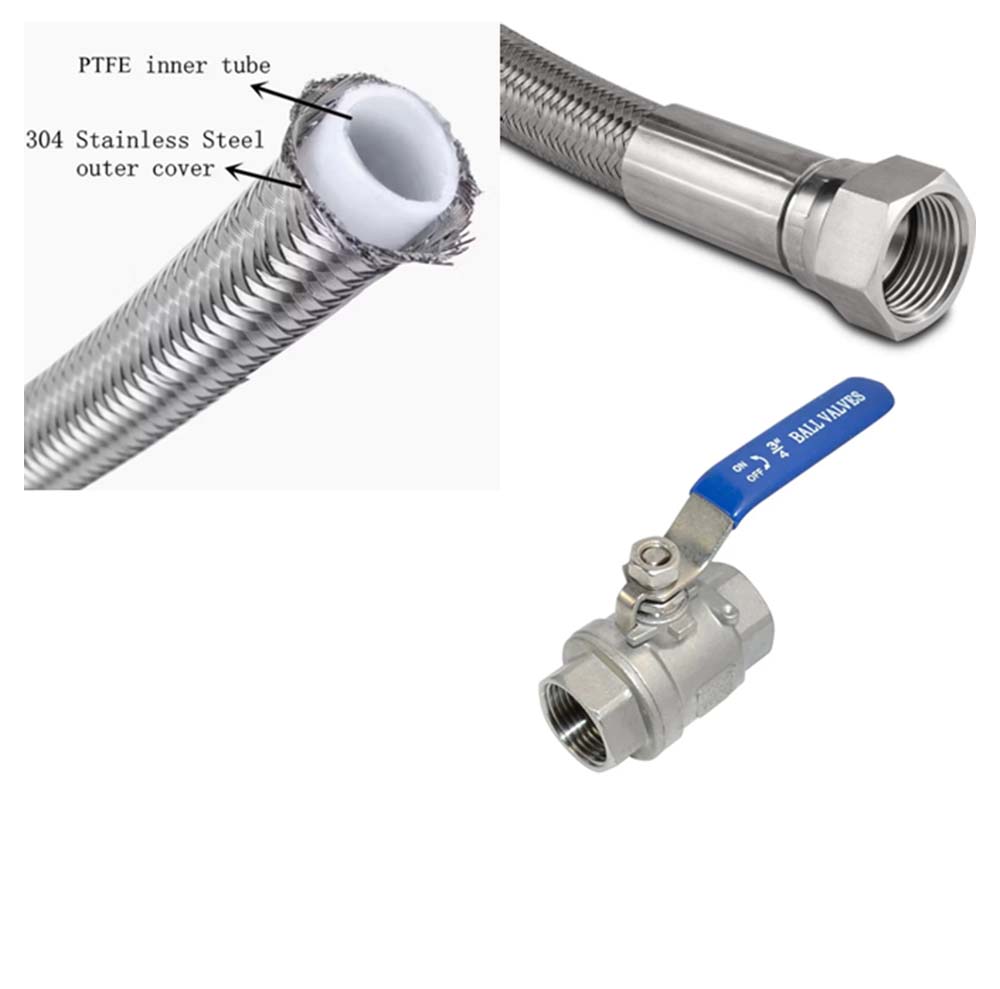 3/4in, 10ft PTFE Hose with Stainless Steel Brading and 3/4in Stainless Steel Ball Valve